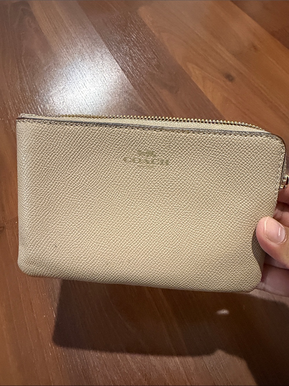 Coach Light Beige Textured Leather Zip Pouch
